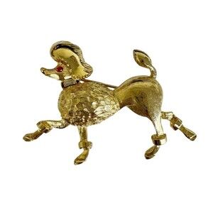 Vintage‎ Gold-Tone Prancing Poodle Dog Brooch Pin Red Jeweled Eye